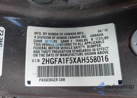 2010 Honda Civic Lx z USA, uszkodzony, nr VIN 2HGFA1F5XAH558016